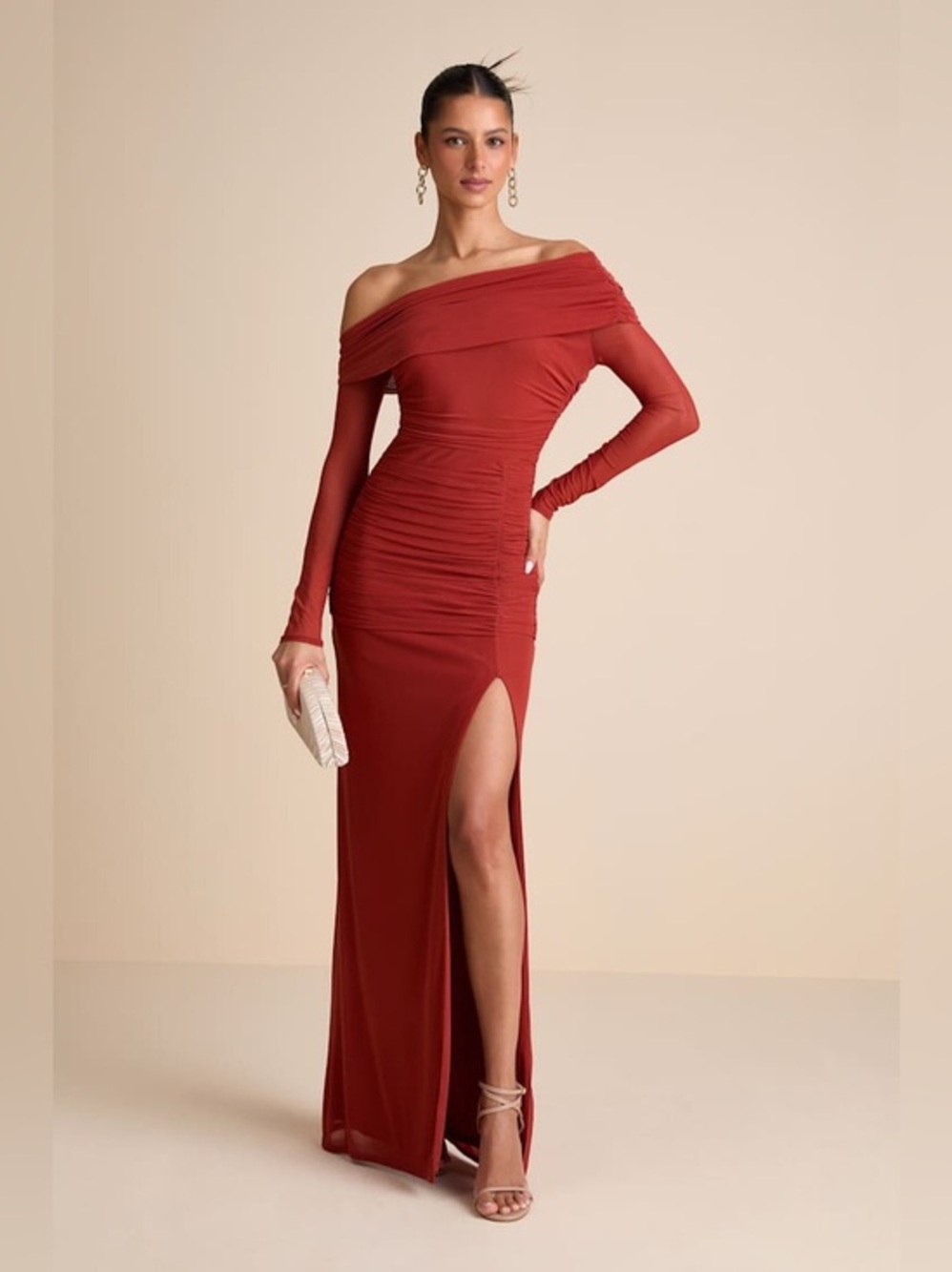 Lulu’s Darla Mesh One-Shoulder Long Sleeve Maxi Dress